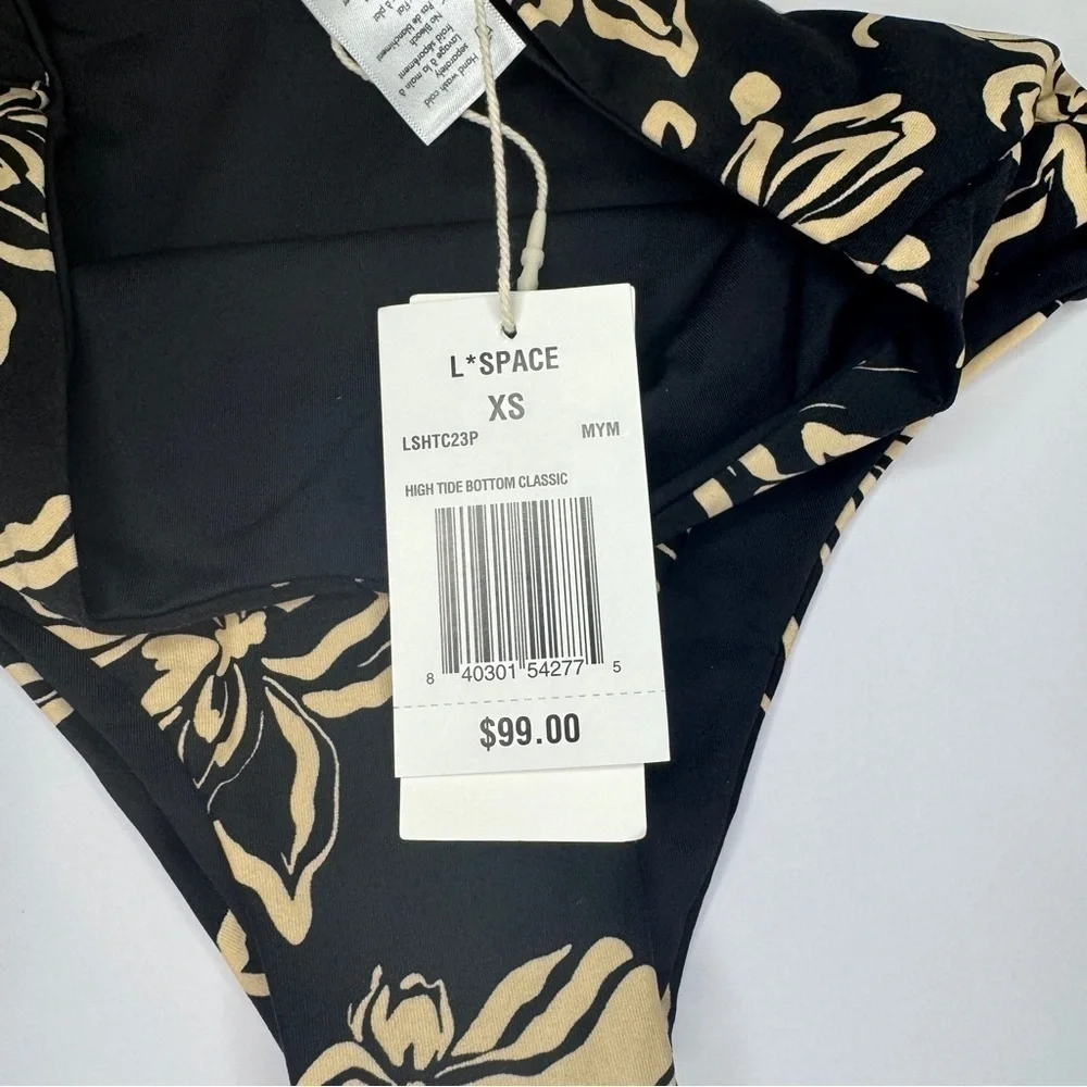 NWT L*Space High Tide Bikini Bottom XS Black Floral Retro High Waist